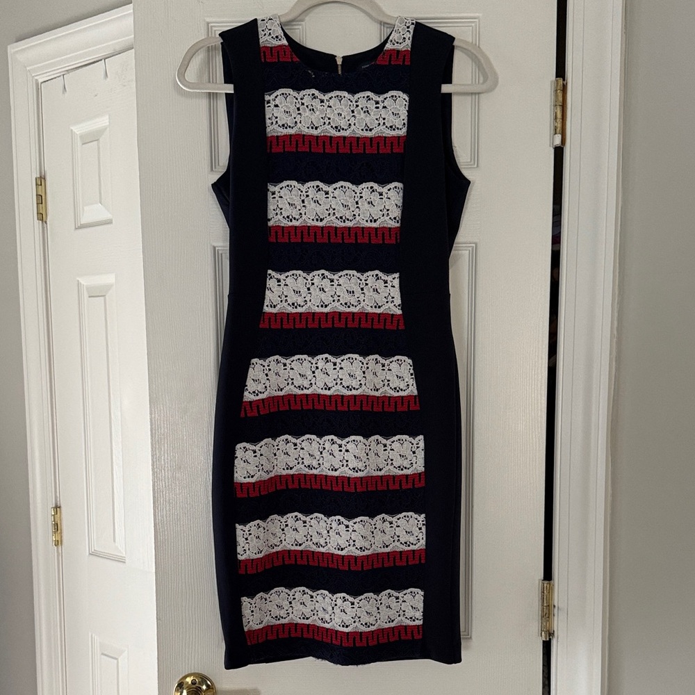 Tommy Hilfiger Navy Midi Dress with White Lace & Red Trim
